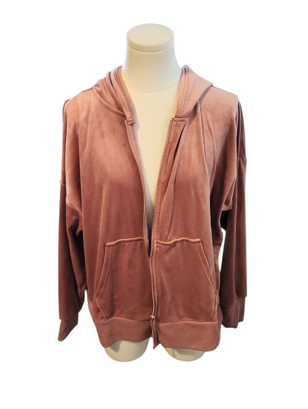 Felina Velvet Super Soft Rose Gold Pink Zip Up Hoodie Sweatshirt Size Large